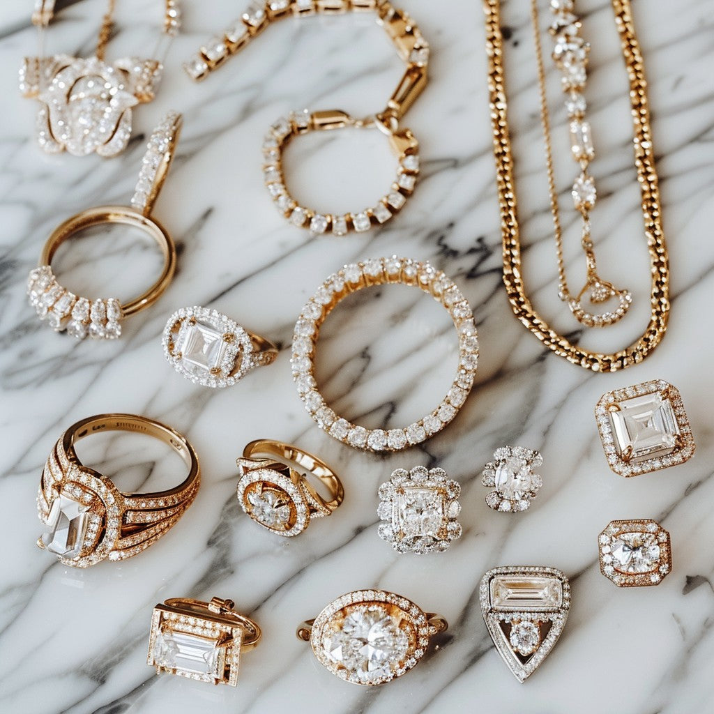 Fine gold and gemstone jewellery arranged on marble