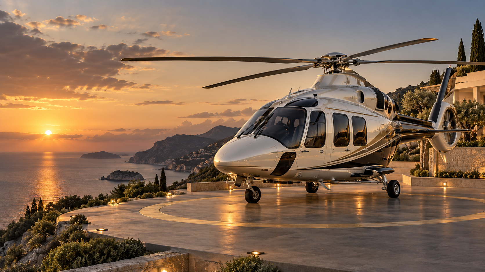 A private helicopter above the Mediterranean at sunset